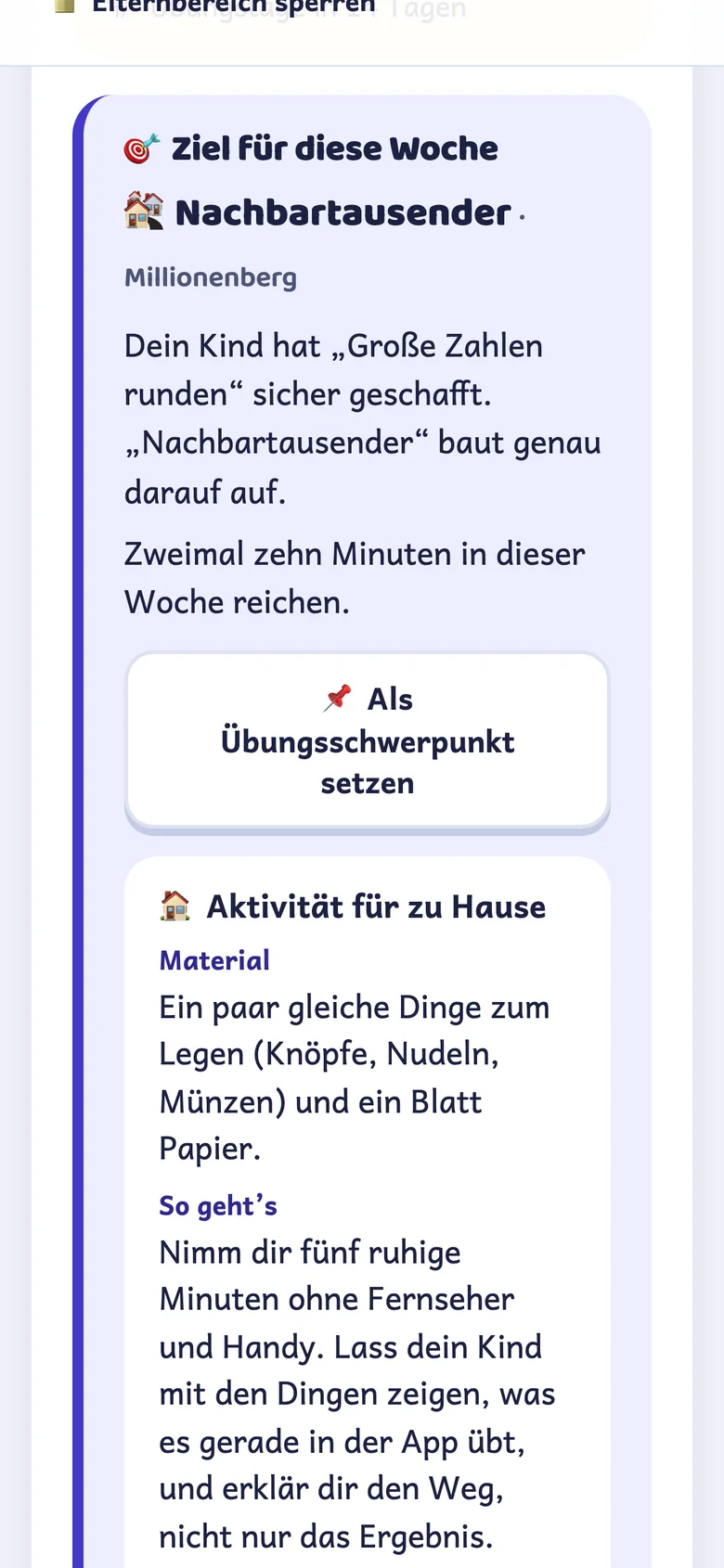 Elternbericht: Ziel für diese Woche mit Aktivität für zu Hause