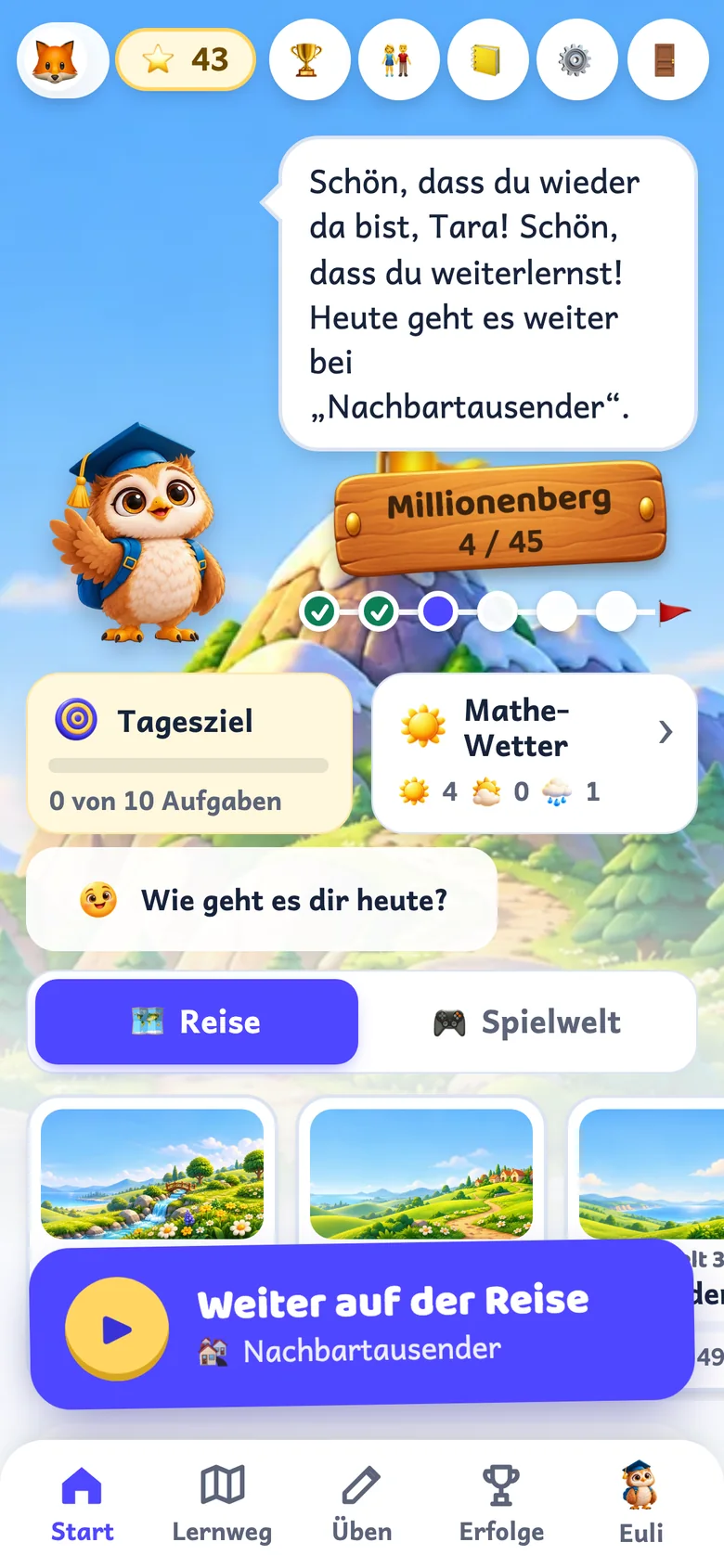 Startbildschirm der App: Euli begrüßt das Kind, Tagesziel und Mathe-Wetter